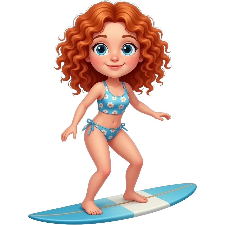 Fille rousse bouclés tâches de rousseur surf emoji