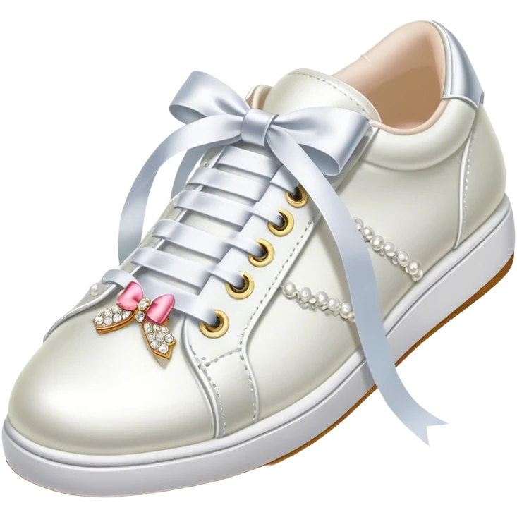 Pearl-encrusted Betsey Johnson white bridal tennis shoes with ribbon laces tied in a bow emoji