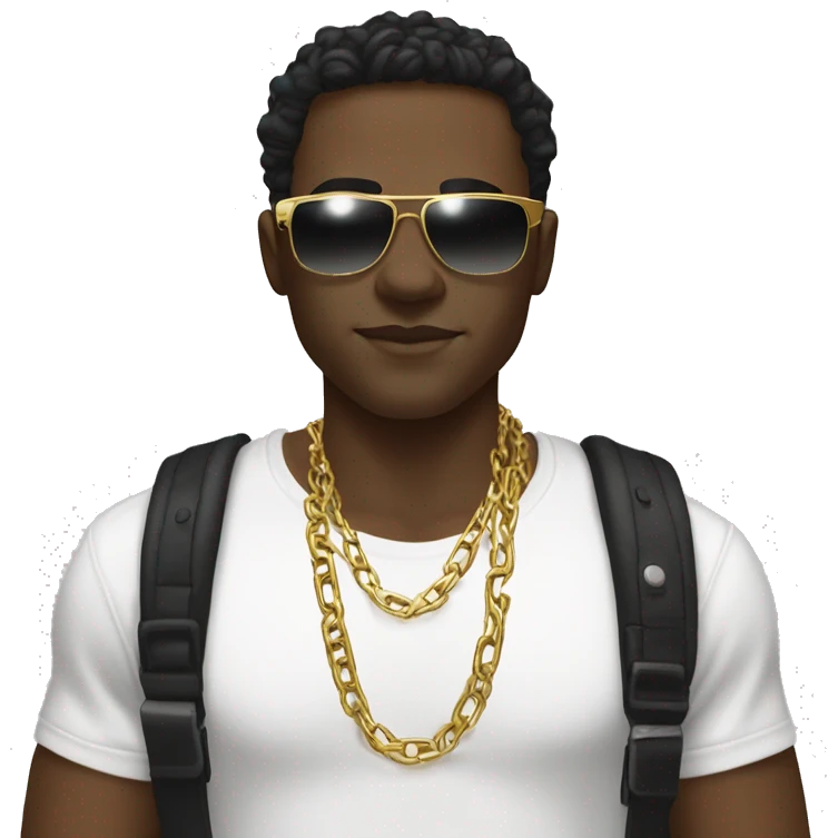 A young man with dark, wavy hair wearing stylish rectangular sunglasses, a white graphic t-shirt, a gold chain, and a black shoulder strap, with a neutral expression.
 emoji