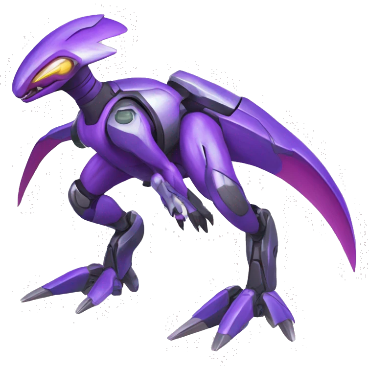 a shiny colorful Genesect-Raptor-Fakémon—hybrid with a futuristic visor-helmet full body emoji