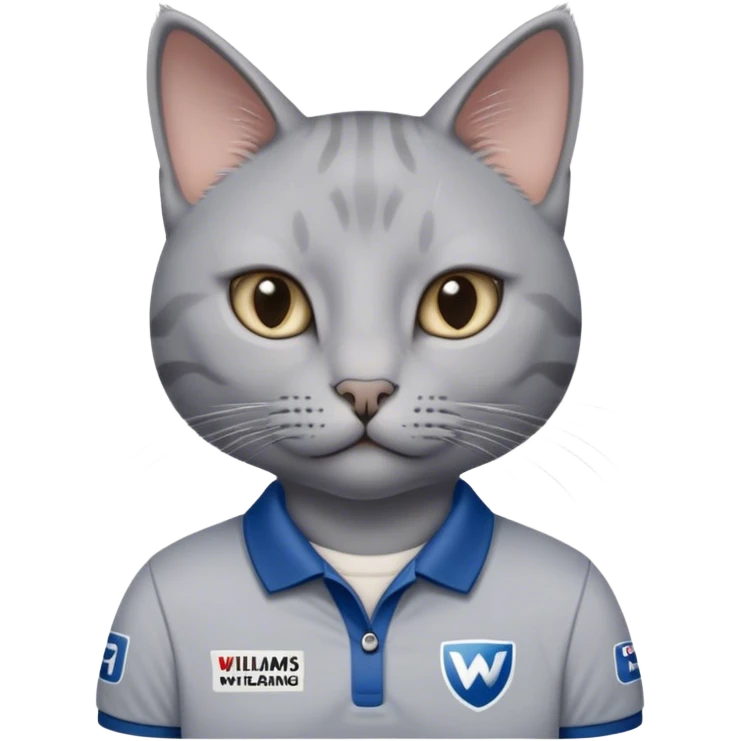 Grey cat with a williams racing f1 team polo emoji