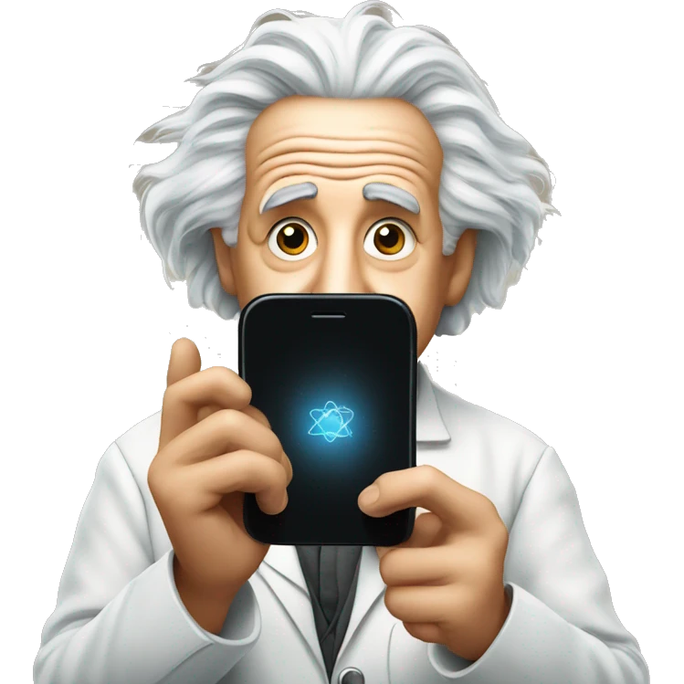 Albert Einstein holds a cell phone in his hands emoji