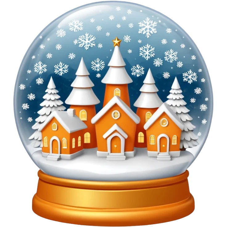 Orange Christmas village snow globe сделай полностью белым: основа шара белая, 3 белых дома и 2 белых елки внутри с золотыми снежинками emoji