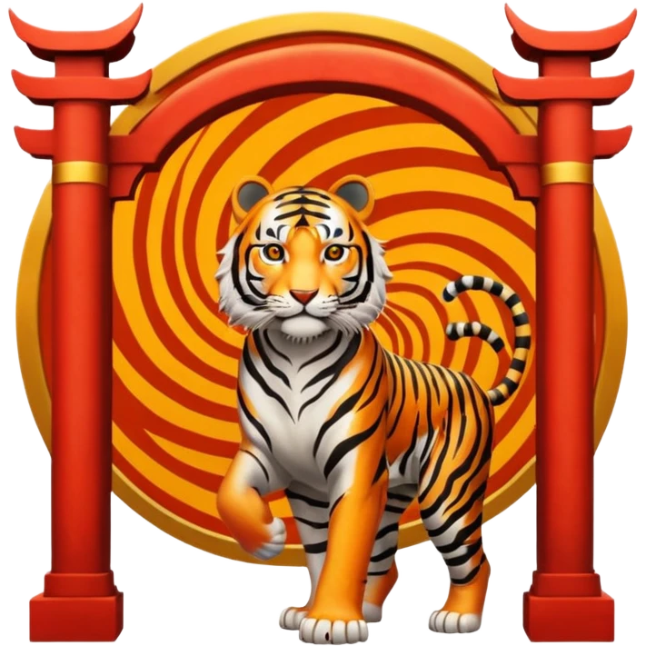Traditional Chinese ink painting style emoji. A powerful tiger (like the ancient character 虎), standing guard in front of mystical gates (門). Energy swirls around him like a vortex (🌀). Minimalist, transparent background, 512x512 pixels. emoji