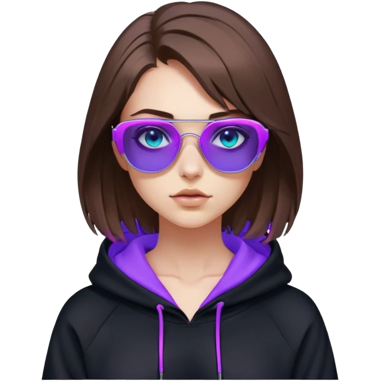 
girl with brown bob and blue eyes in a black hoodie and sunglasses. Cyberpunk style. Violet neon. emoji