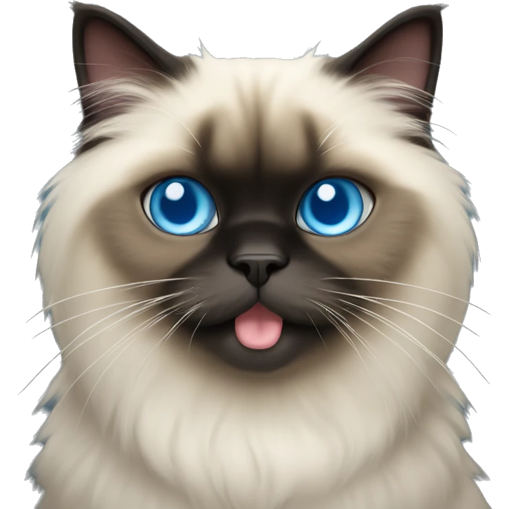 Himalayan cat with long tongue sticking out, blue eyes, full dark face emoji