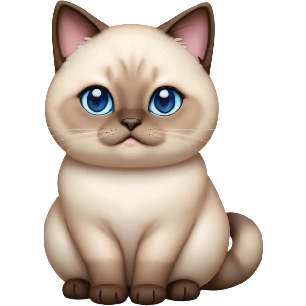 Cinematic Cute Chubby Siamese Cat Portrait Emoji, Round and plump body, soft cream-colored fur with rich dark points on the ears, face, paws, and tail, big, sparkling sapphire-blue eyes, Simplified yet irresistibly adorable features, highly detailed, glowing with a warm, cozy glow, high shine, curious yet calm, stylized with a touch of whimsy, bright and endearing, soft glowing outline, capturing the essence of a mischievous yet lazy and loveable kitty, so cuddly it feels like it could waddle right out of the screen for a snuggle! emoji