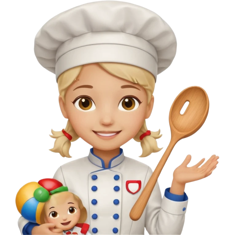 girl kid italian chef, uniform, holding toy emoji