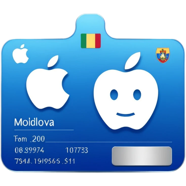 business ID card with rounded corners, blue-silver gradient background, placeholder lines, generic photo silhouette on left, Moldova-style heraldic icon in top-left, Apple emoji style, transparent background emoji