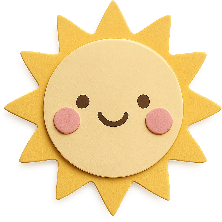 soft pastel bright sun with smiling kawaii expression and pink cheeks, no arms, no legs, full body, soft pastel kawaii paper craft style emoji
