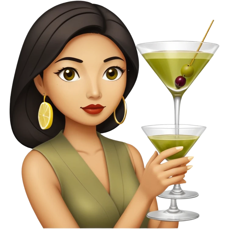 Asian American woman drinking a giant dirty martini emoji