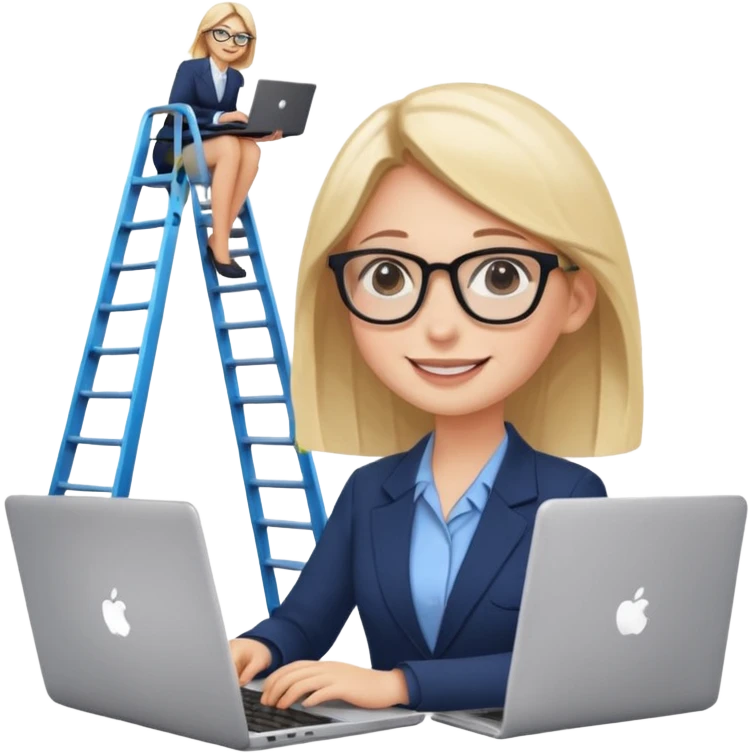 Девушка сидит на работе с ноутбуком. Рядом расположена карьерная лестница вверх, повышение  emoji