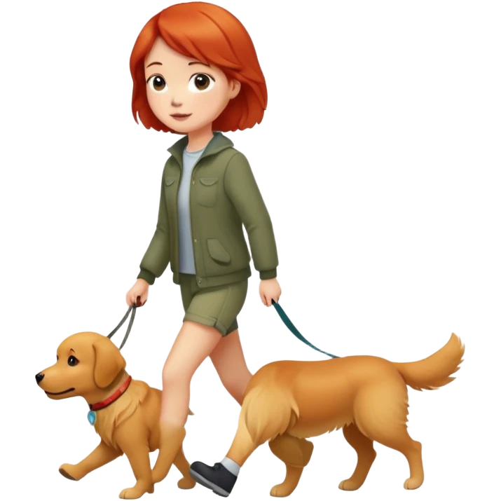 A red short-haired girl walking a golden retriever emoji
