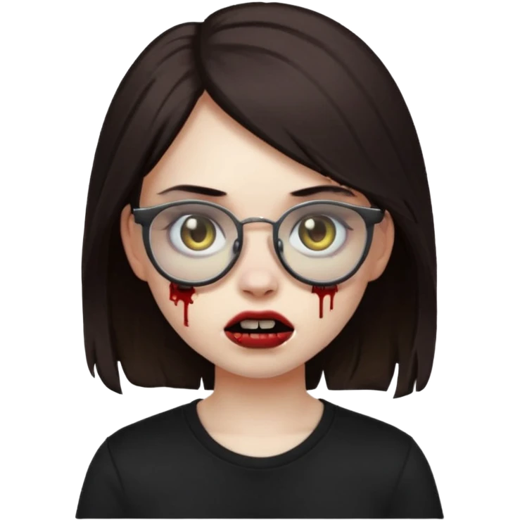 apple emoji zombie girl with dark brown emo hair and black shirt and glasses emoji
