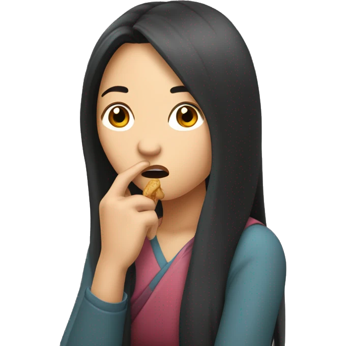 A long-haired Asian woman in her 30s looks worried while biting her hand emoji