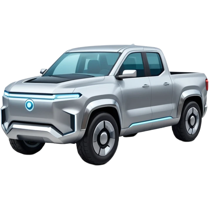 A futuristic electric pickup truck emoji, silver chrome body, angular cyber design, smooth metallic panels, subtle reflections, minimalistic proportions, iOS emoji style, centered composition, clean white background, soft lighting emoji
