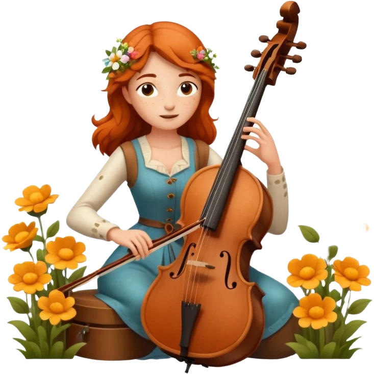 nature bard woman with freckles playing wooden cello among flowers emoji