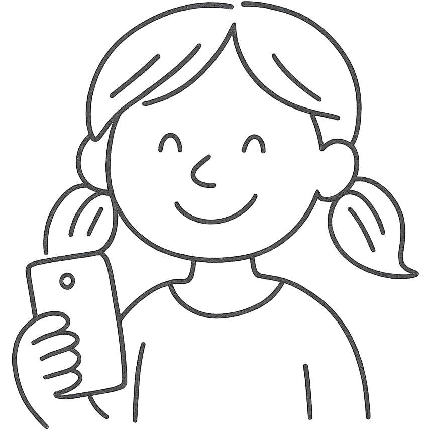 a girl holding a smartphone, smiling emoji