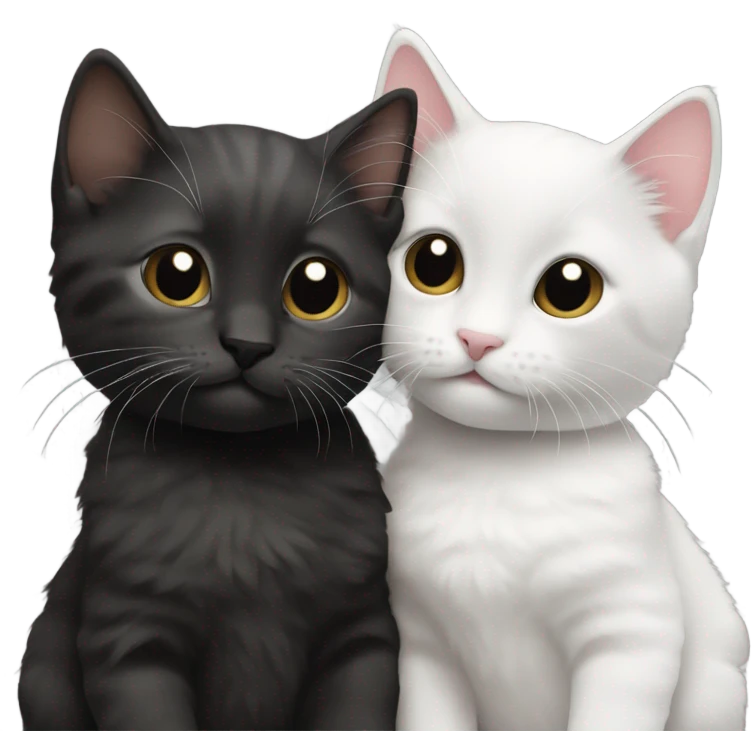 two kittens are looking at each other from the front, one has its paw on the other's shoulder, they are different colors, one is black, the other is white emoji