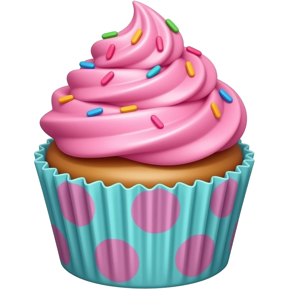 Cupcake with pink icing add some sprinkle on top  and a cyan cover that has a doodled pink on emoji