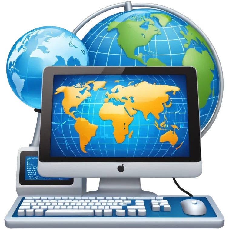 An icon featuring a computer monitor displaying code, a globe with network nodes, and a circuit board, symbolizing IT. The design includes data streams, cloud storage, and a keyboard, representing digital innovation, connectivity, and problem-solving. Transparent background emoji
