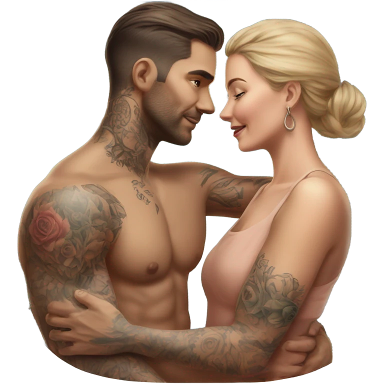 Hyper Realistic beautiful woman touching a very handsome tattooed man emoji