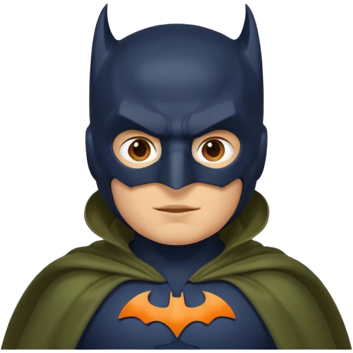 generate a batman emoji with just the face and neck showing and part of the cloak and and wings. Shade the bat logo on the chest in a bright  olive green. Shade the mask in dark navy blue.  Shade the cloak in a solid vibrant orange.  emoji