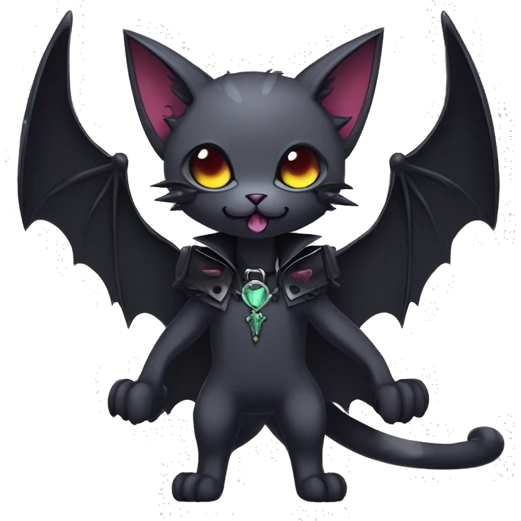   cool edgy kawaii anime-style ethereal dark-punk-themed animal vampiric cat-hybrid Fakemon with fangs and bat-wing-ears with a collar full body emoji