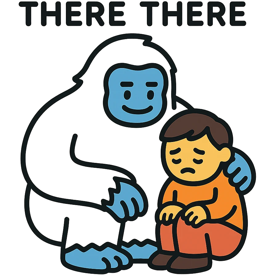abominable snowman comforting a child, with the words 'there there', color outline icon style, suitable for YouTube emoji