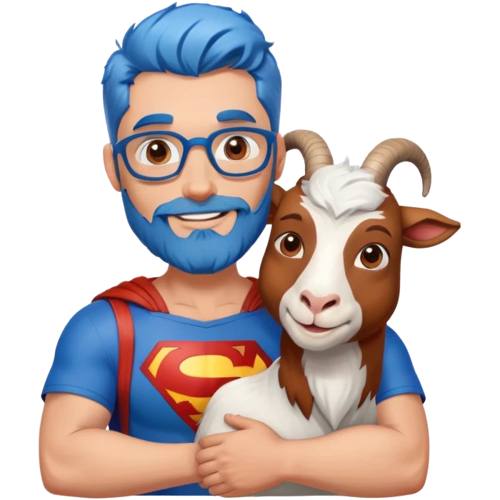 Adult Superman with redish brownish full beard with his arm around a blue hair happy goat emoji