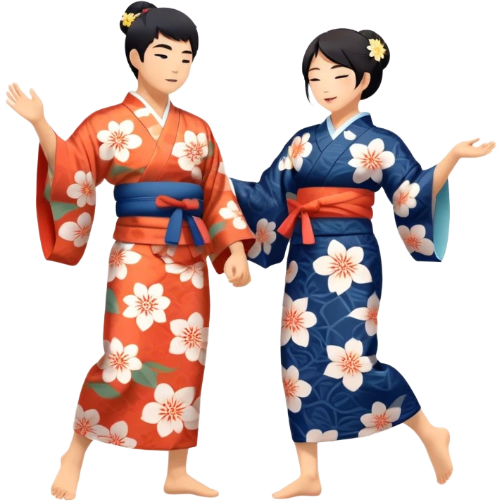 Cinematic Realistic scene of two performers engaging in Bon Odori, dressed in traditional yukata with intricate summer patterns, captured in graceful, rhythmic motion with warm, festive lighting emoji