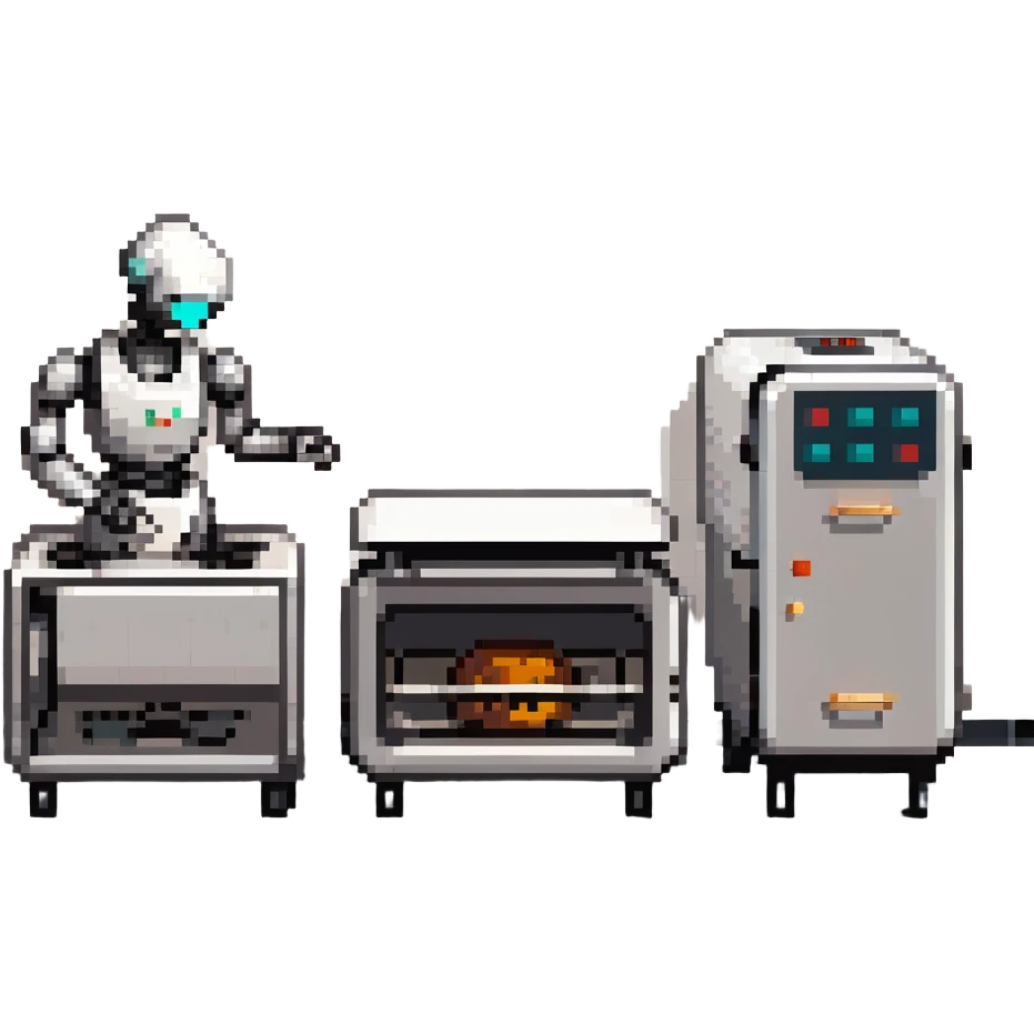 A robotic baker with stainless steel limbs, built-in mixers, and a retro-futuristic oven. The environment is industrial-chic: brushed metal surfaces, LED panels, and mechanical arms. UI mimics control panels with toggle switches, rivets, and analog dials. emoji