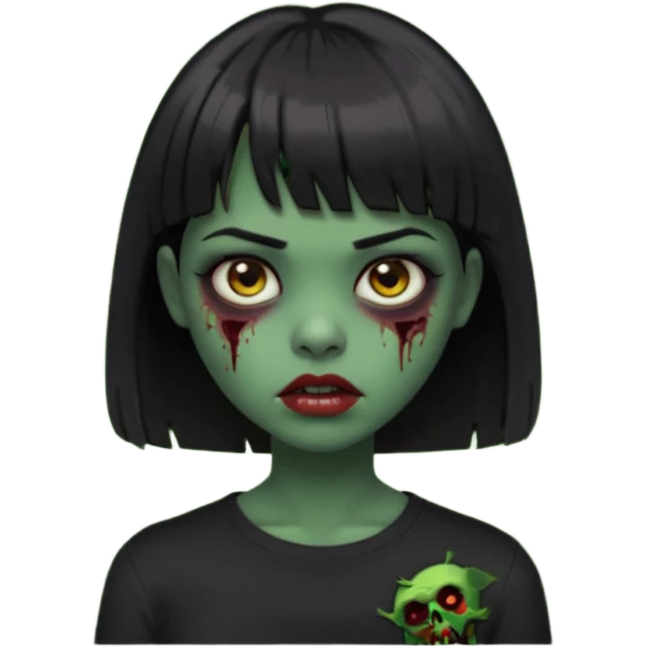 Zombie girl emoji verde escuro com cabelo curto liso preto no ombro e franja na altura da sobrancelha com uma blusa preta, olhos castanhos escuros emoji