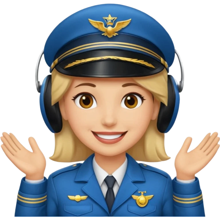 Un piloto de linea aérea sonriendo con la mano en la frente con la pose firme emoji
