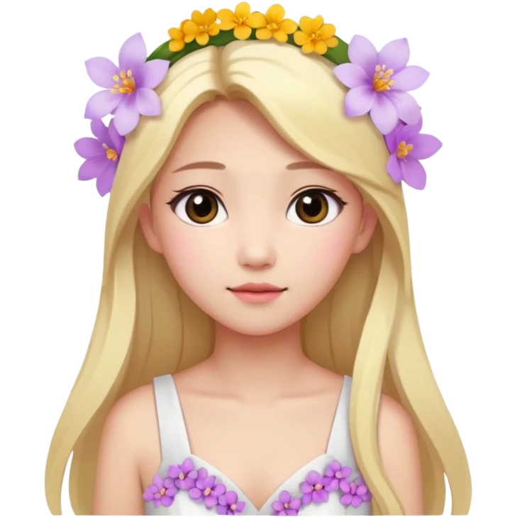 Asian girl with long blonde hair white skin makeup natural with flower in her ear, her dress is white and pink lil flowers  emoji