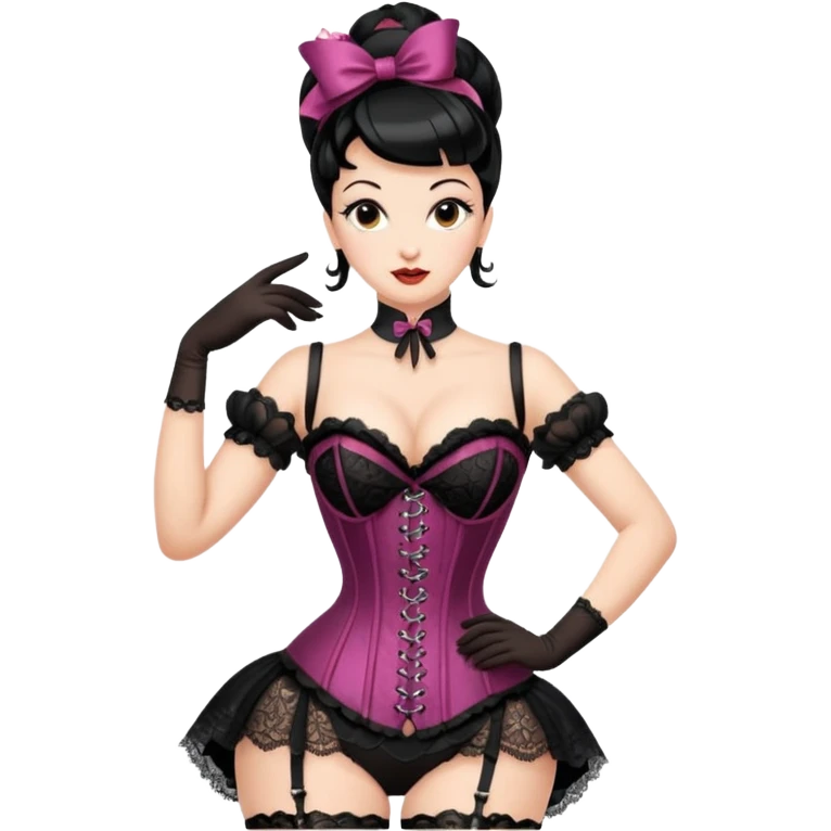 burlesque performer in vintage corset and stockings, playful pose emoji
