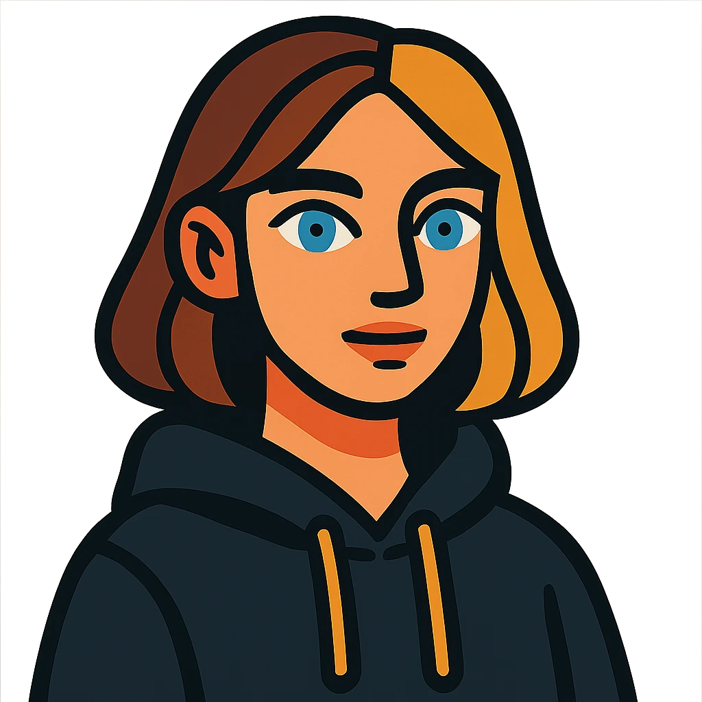 designer girl with blue eyes, brown and blonde hair to shoulders, black hoodie emoji