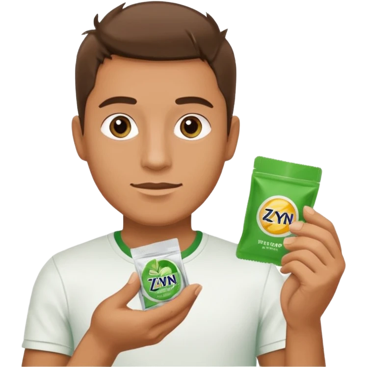 Man holding Zyn spearmint snus in palm and a white pouch in the other emoji