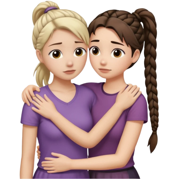 Comforting Hug two white skin women, one shorter woman with brown simple top ponytail, not braided, and one taller sad woman with a single long black side braid emoji