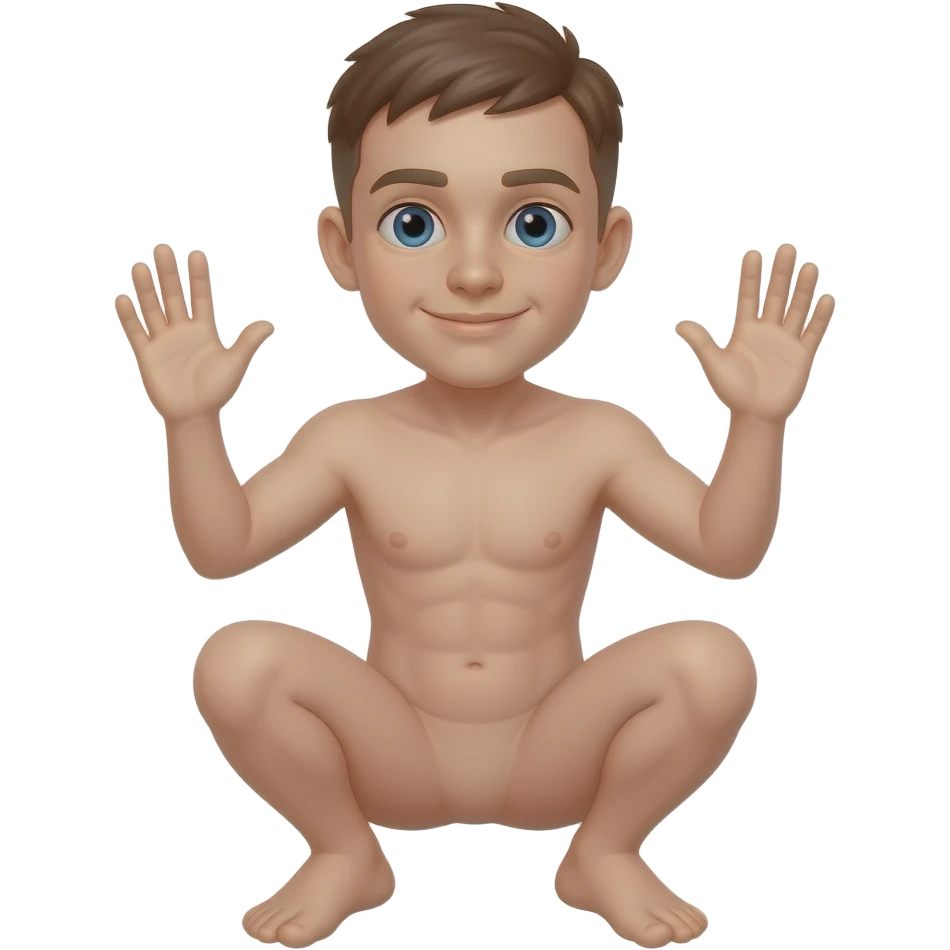 Nude autistic guy, crouching hands up emoji