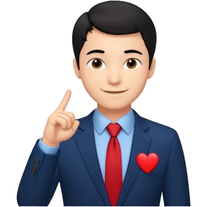 A man in very black short hair with all back hair style, wearing dark blue suit and red tie, making a heart finger emoji