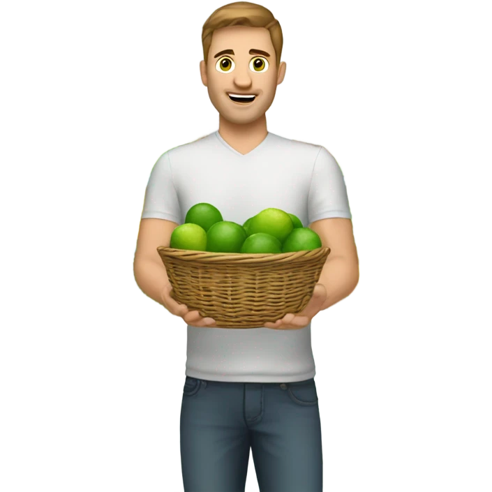 A white man with brown hair and tall carrying many limes in his hands in a supermarket. Make it so the limes are nearly overflowing the basket. emoji