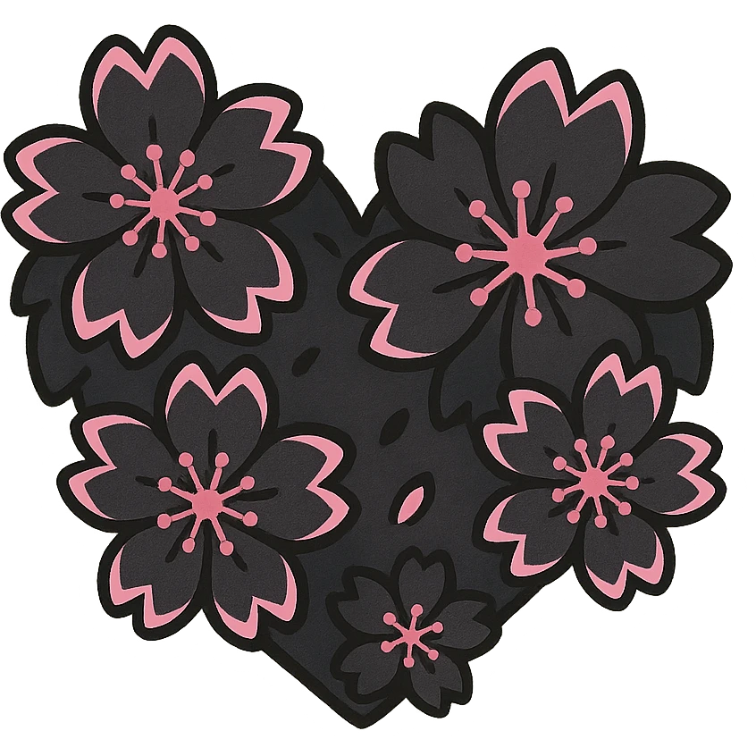 goth sakura heart, heart made of black sakura petals with more pink accents, adorable and bold emoji