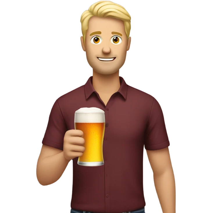 Blonde man in maroon shirt holding two beers emoji