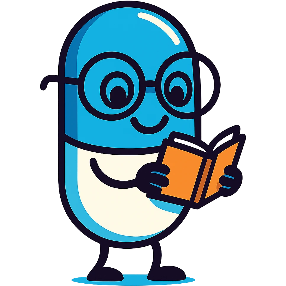 A smiling capsule pill with big round glasses, holding a tiny open book, cartoon style, vibrant colors, pill is blue and white emoji
