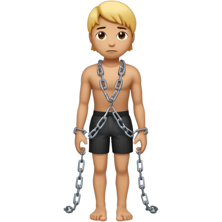 A 3D emoji of a person in Apple style with chains on hands and feet, standing with a sad expression. The posture is slightly slouched, showing captivity. Clean, glossy Apple-style rendering, isolated on white background.



 emoji