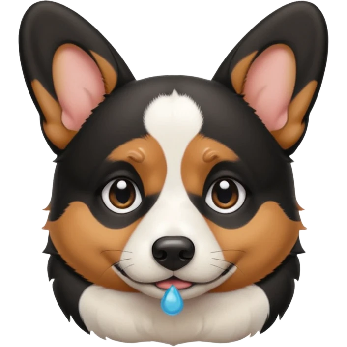 black tricolor corgi with no tail and with a tears on it's eyes emoji
