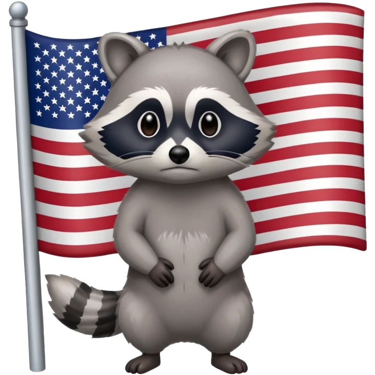 Sad raccoon standing in front of an American flag emoji