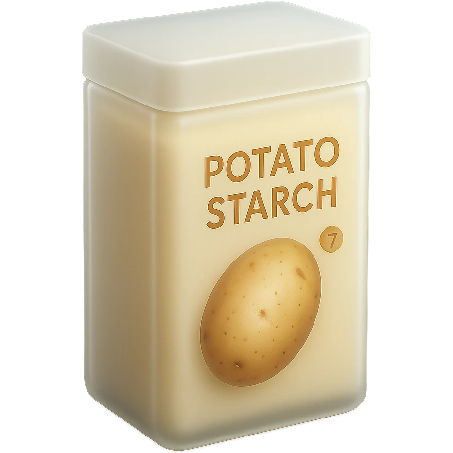 Make the potato starch box match the form and proportions of the reference image: a tall, rectangular box with a flat top and rounded edges, similar to the cornstarch box shown. Keep the box beige or pale yellow, with a potato illustration and the label 'POTATO STARCH' in warm-colored letters. Minimal, clean, 3D, soft lighting, transparent background, emoji scale. emoji