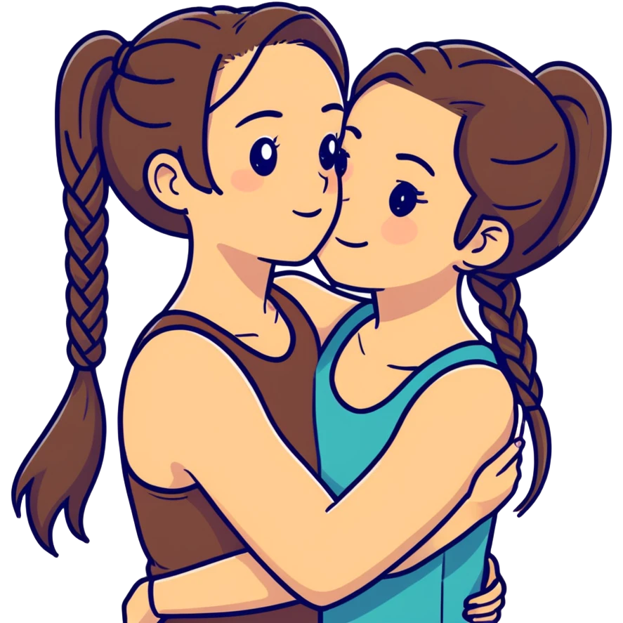 Comforting Hug two white skin women, one shorter woman with medium brown simple top ponytail, not braided, and one taller skinny sad face woman with a single long black side braid emoji